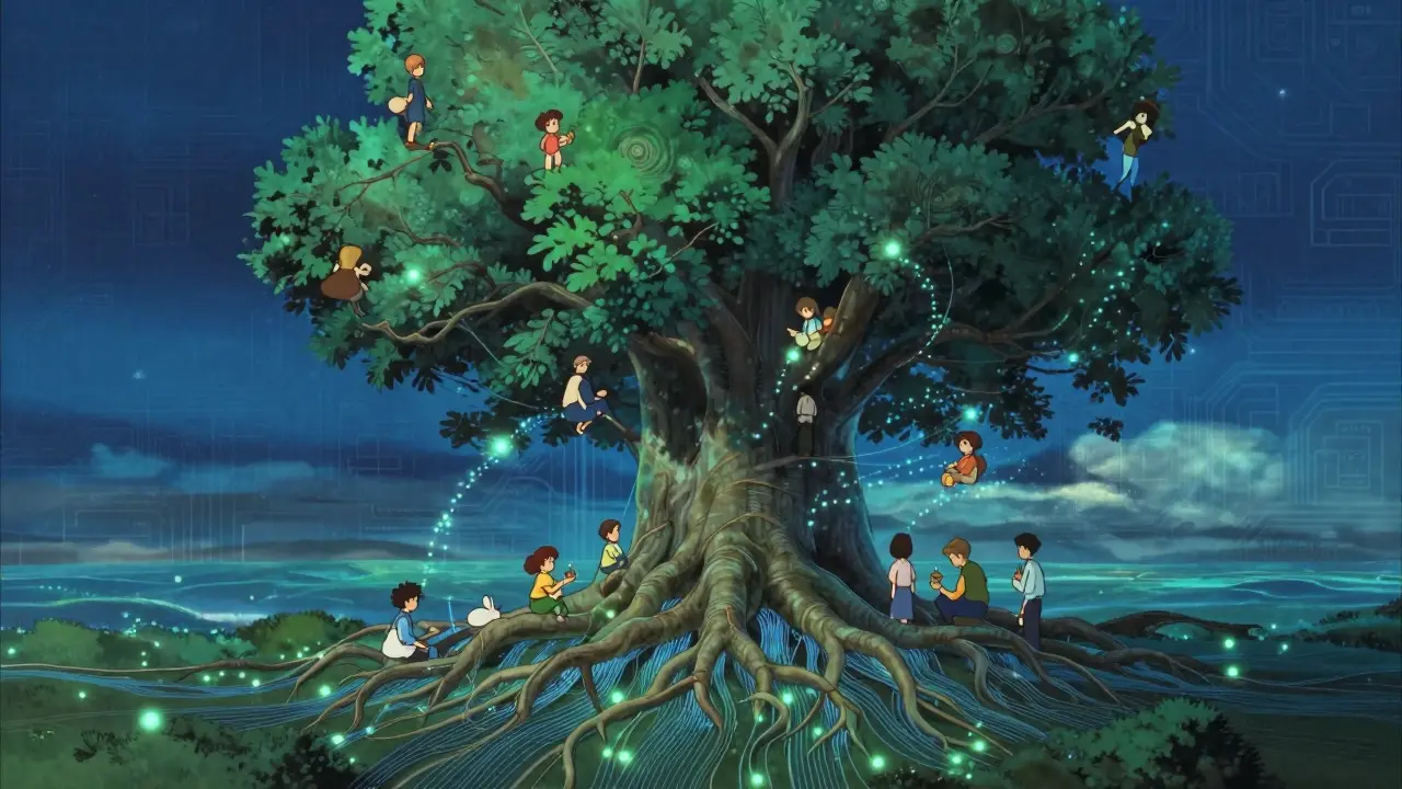 Ghibli-style tree rewarding users with digital tokens in a fantasy world