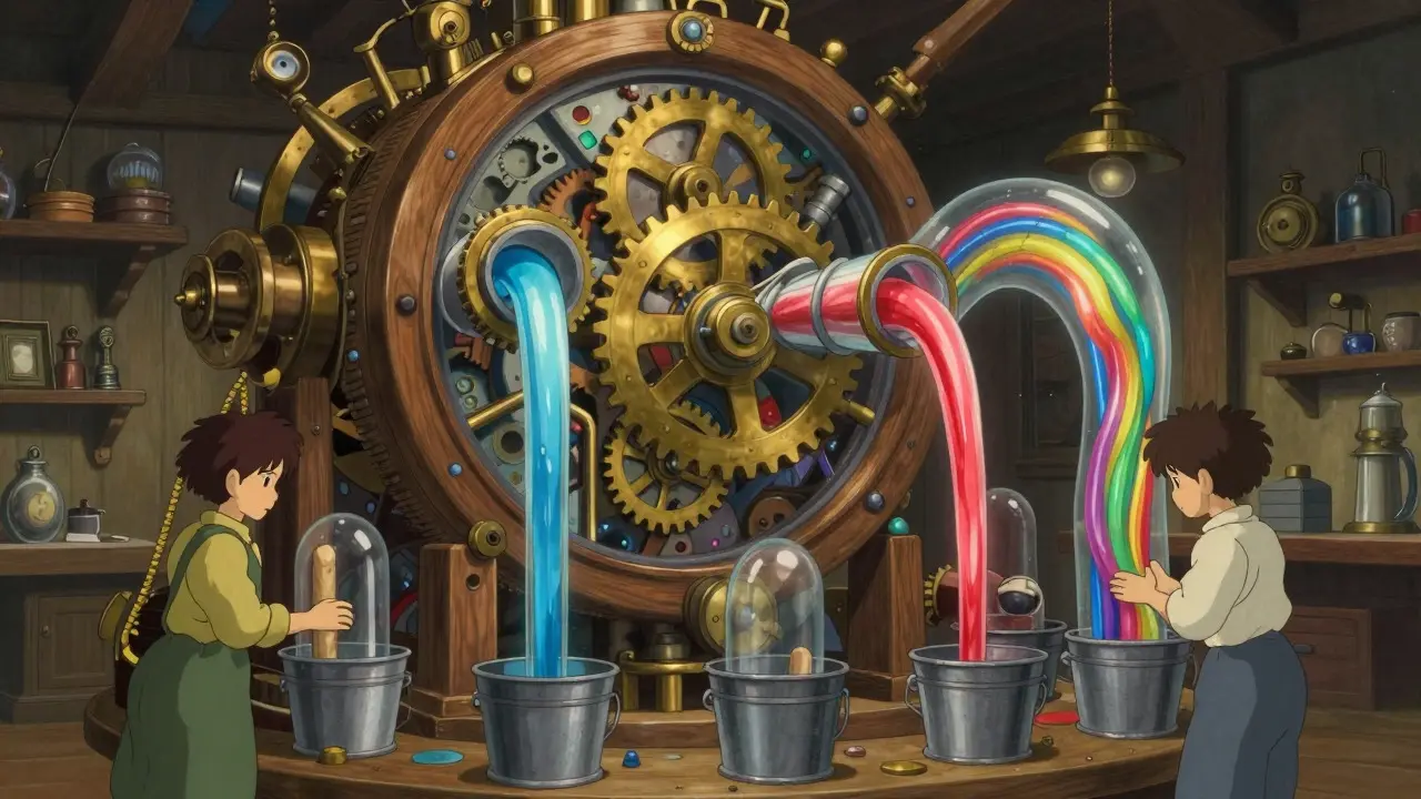Ghibli style workshop with mechanical gears distributing colorful liquid streams