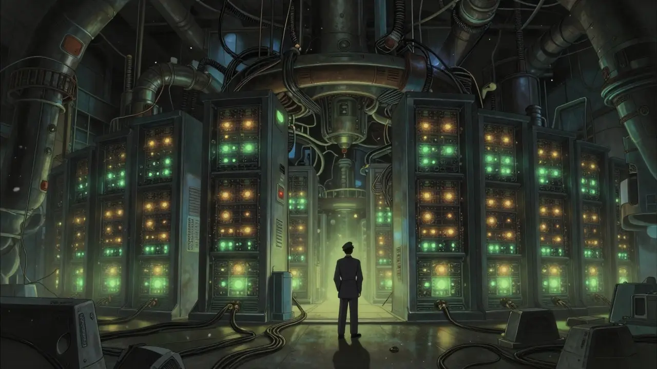 Glowing crypto mining servers in a dimly lit Iranian basement