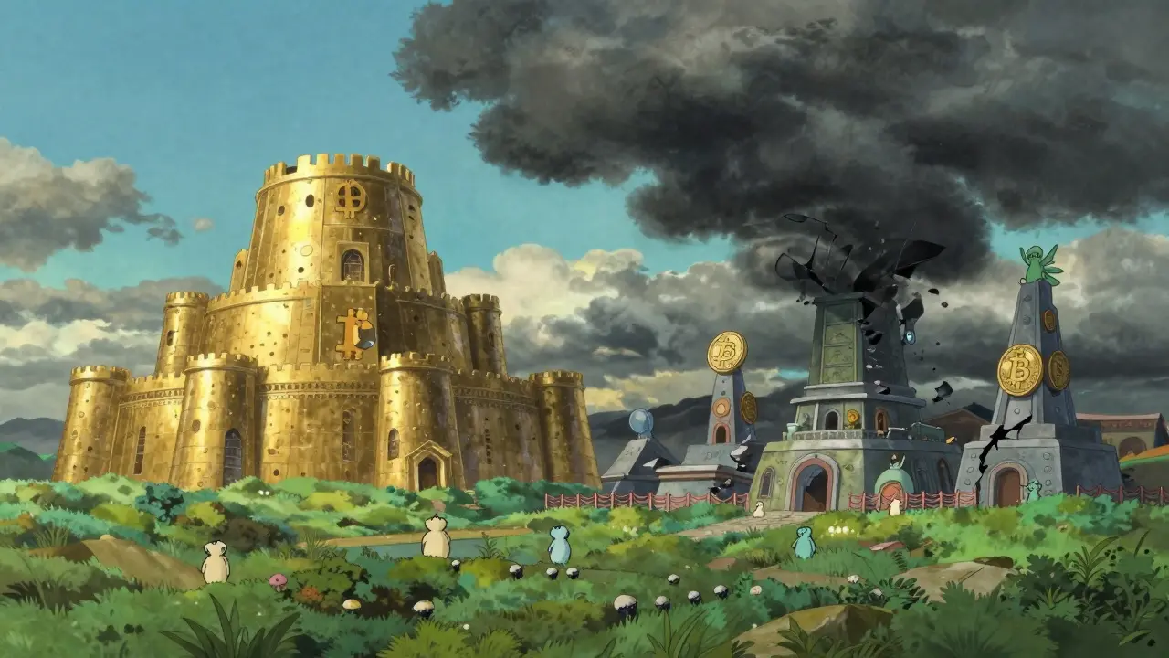 Golden fortress vs crumbling altcoin structures in landscape