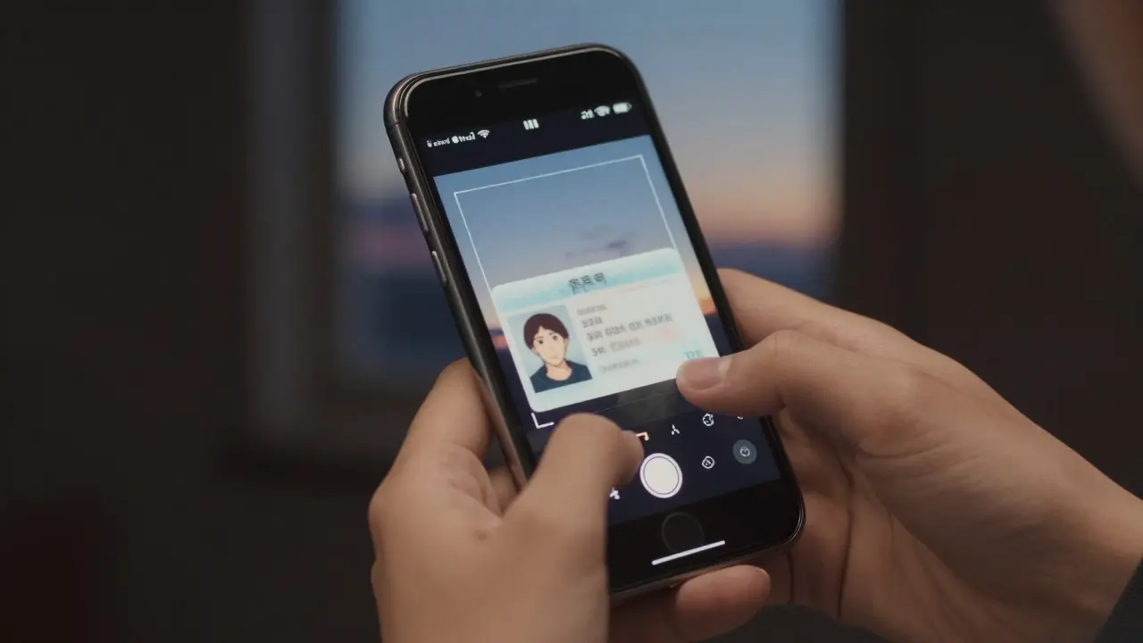 Hands carefully aligning an ID card within a phone's scanning frame