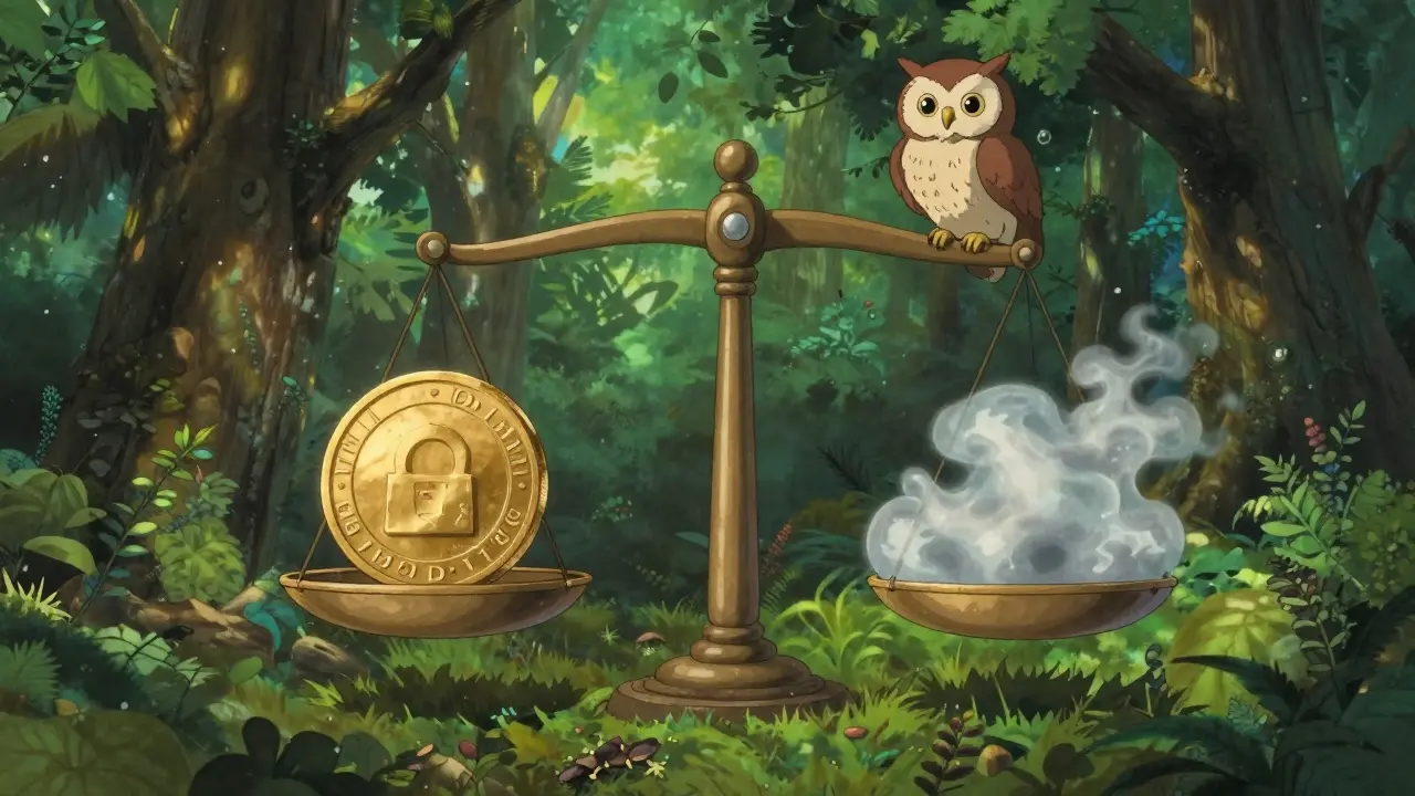 Magical forest scene with a balance scale weighing security against hidden fees and uncertainty.