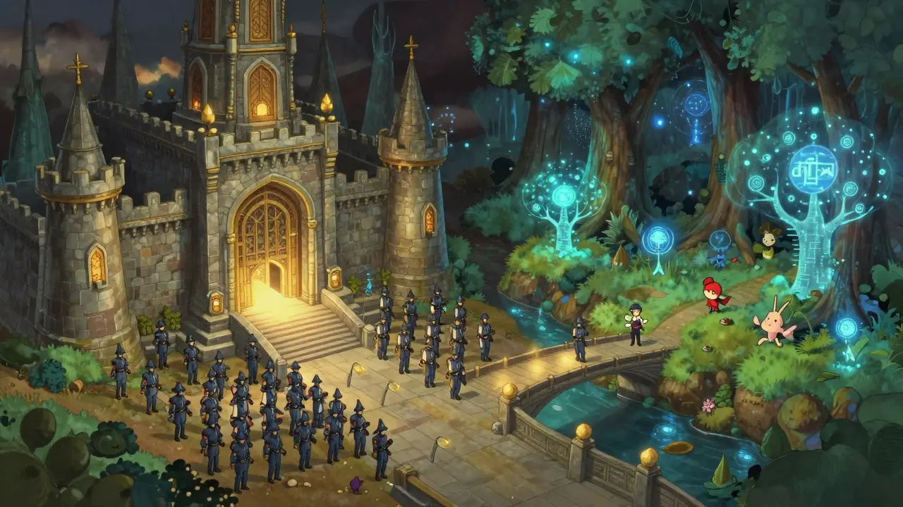 Magical illustration contrasting a fortress exchange with a free DeFi forest