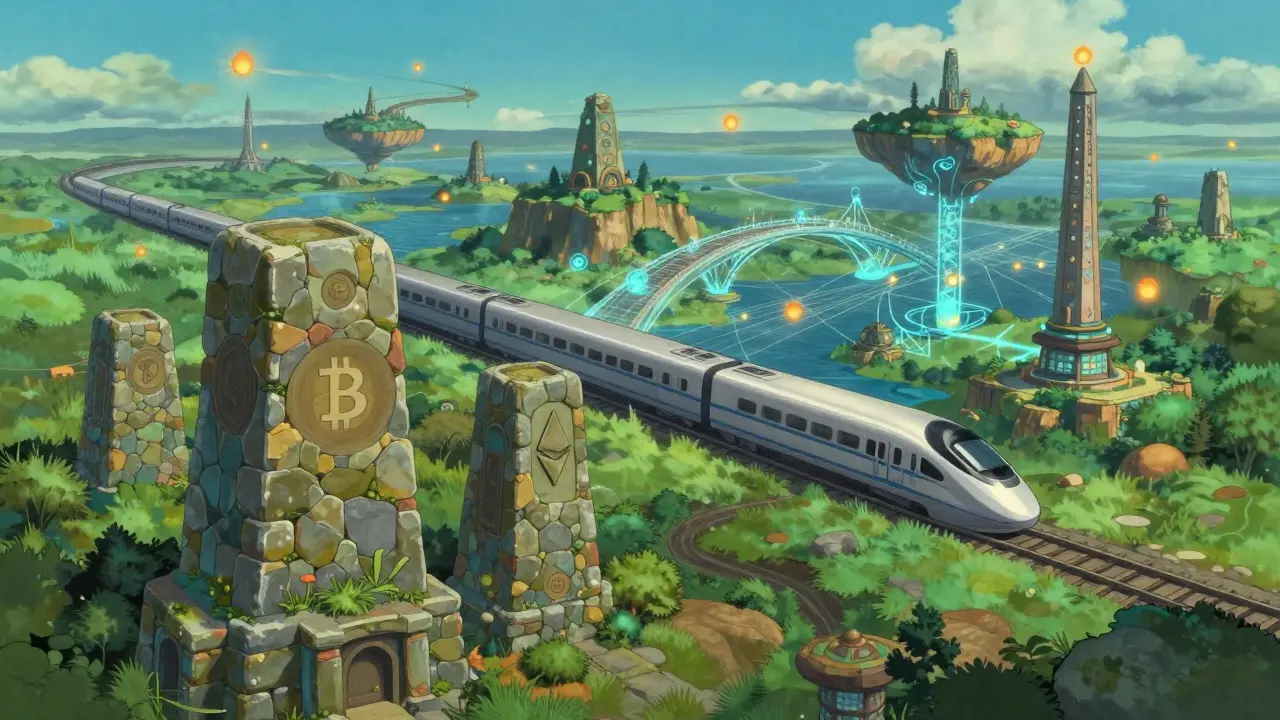 Magical landscape showing stable blockchain structures and fast digital trains