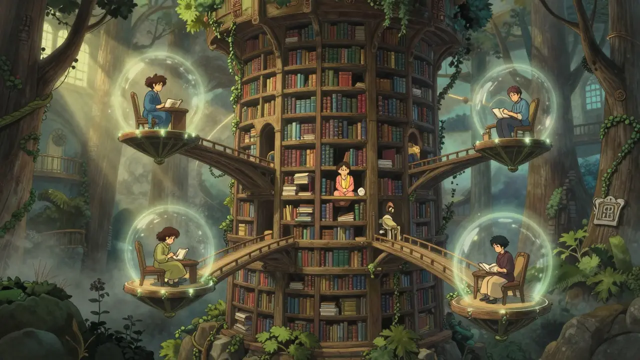 Magical library split into branches with librarians managing separate sections