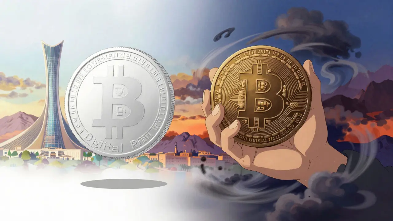 Metaphorical art contrasting state Digital Rial with volatile Bitcoin