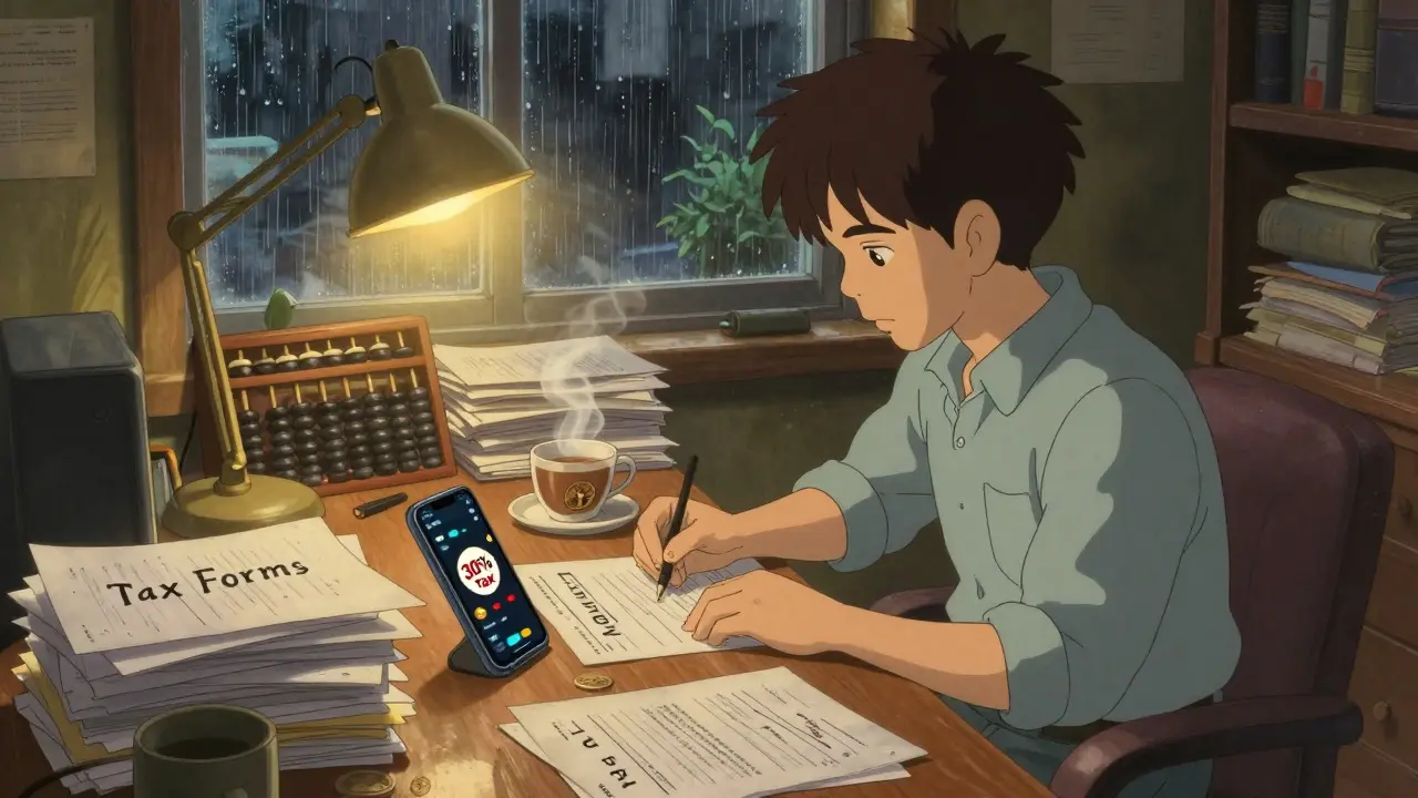 Person meticulously organizing crypto transaction records and tax forms