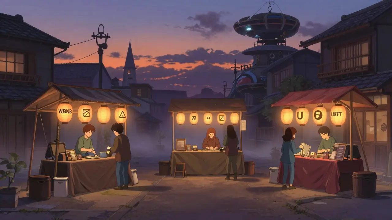 Quiet twilight marketplace with only three active stalls under paper lanterns