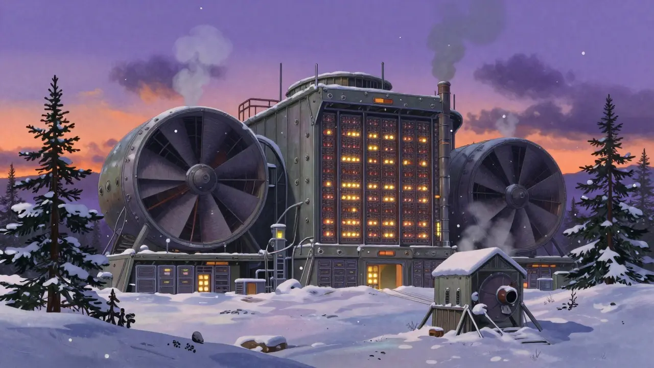 Snowy Siberian crypto mining facility blending with nature