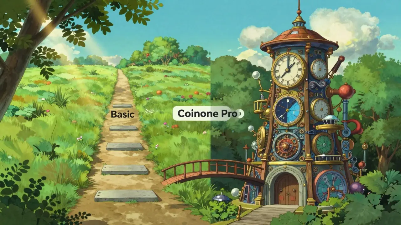 Split scene showing simple beginner path and complex pro trading tools