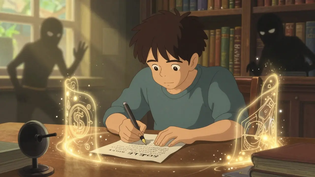 User securing wallet seed phrase with magical protection in Ghibli art