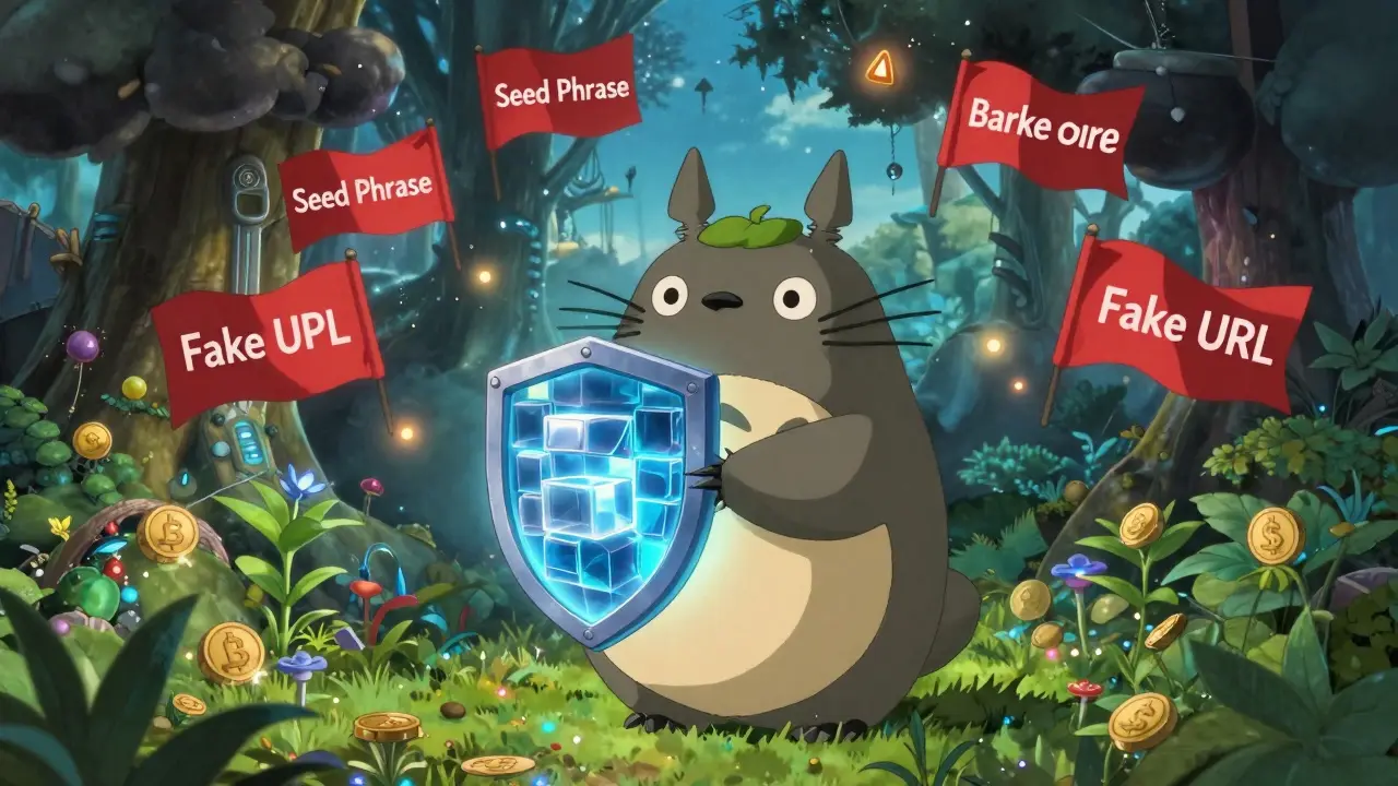 User shielding a cute armored creature from dark clouds and red warning flags in a digital garden.