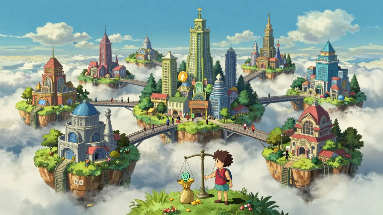 Whimsical cloud city with bridges connecting chains, showing NFT lending risks.