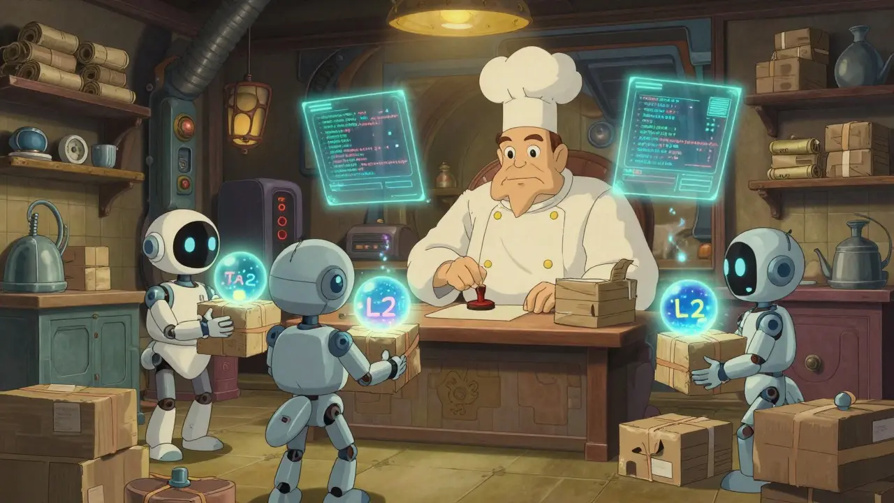 Whimsical kitchen scene showing assistants bundling data for a central chef