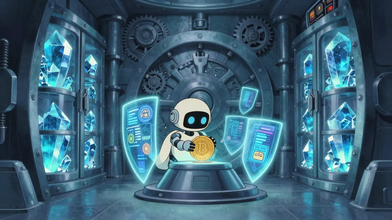Whimsical robot securing crypto assets in a magical, high-tech vault room