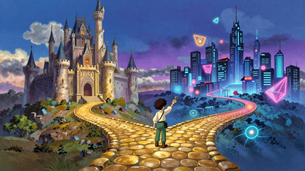 A character at a crossroads choosing between a stable castle path and a futuristic tech city.