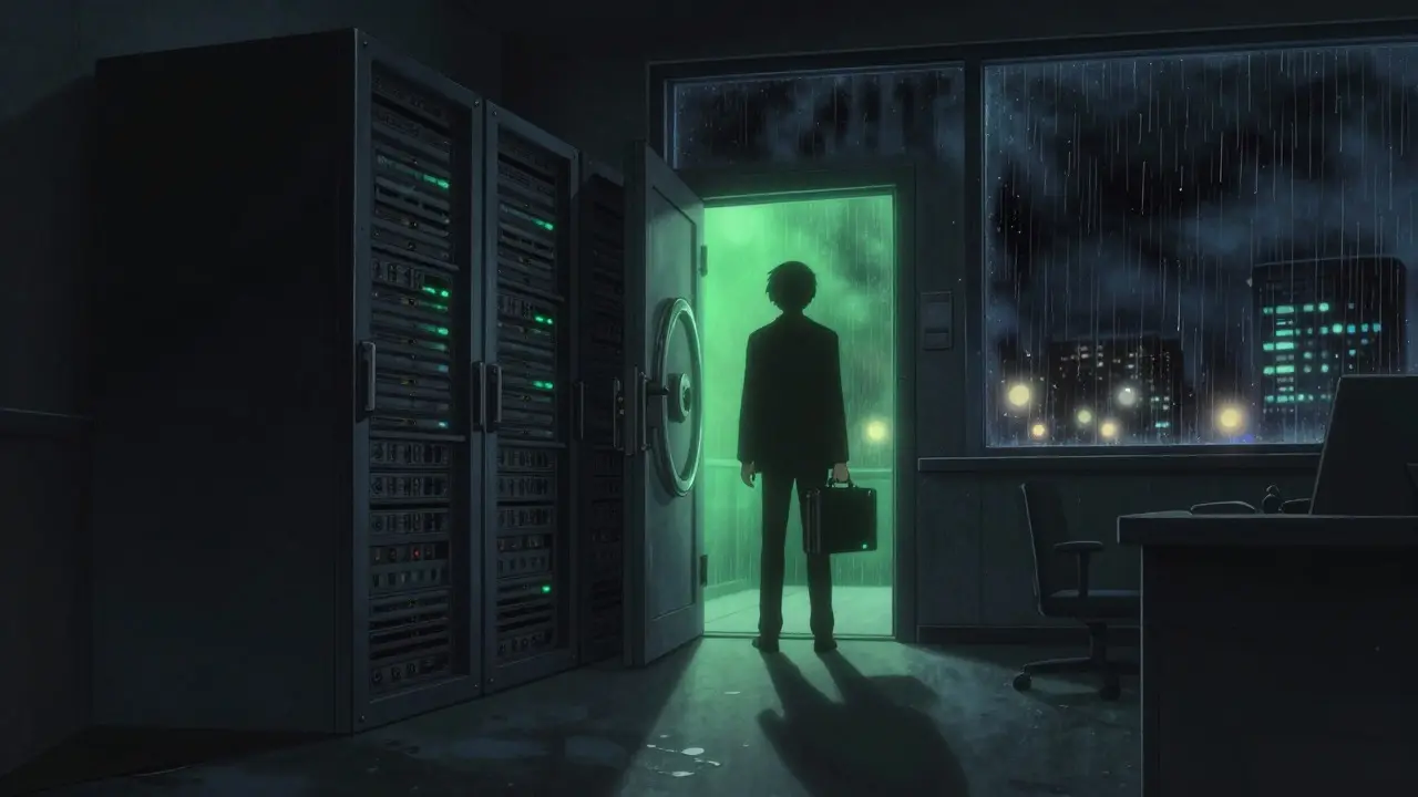 A dark, rainy office scene in Ghibli style showing a shadowy figure near a glowing server rack, symbolizing fraud.