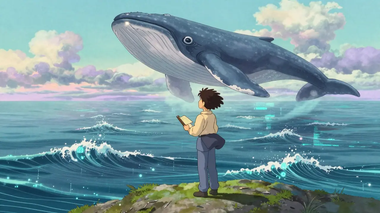A figure on a hilltop watching a robotic whale swim through a digital ocean of data.