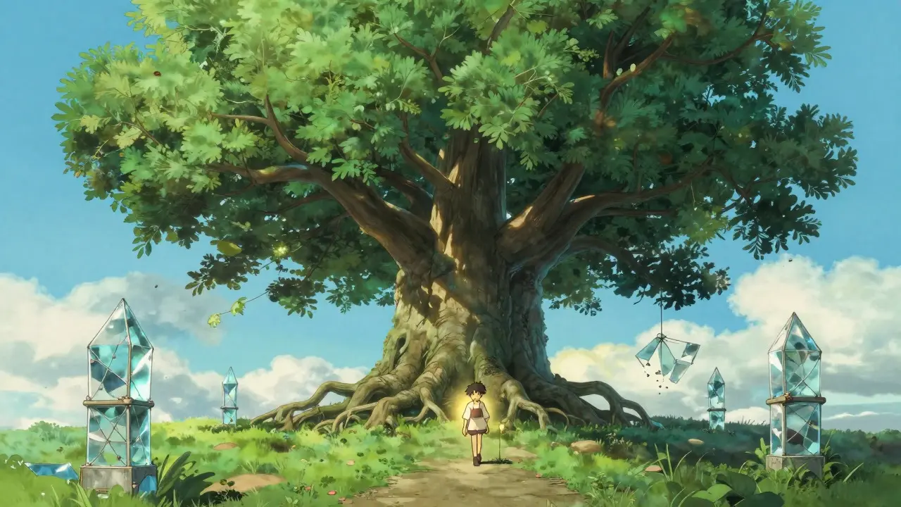 A figure walking towards a large tree with deep roots, symbolizing self-custody