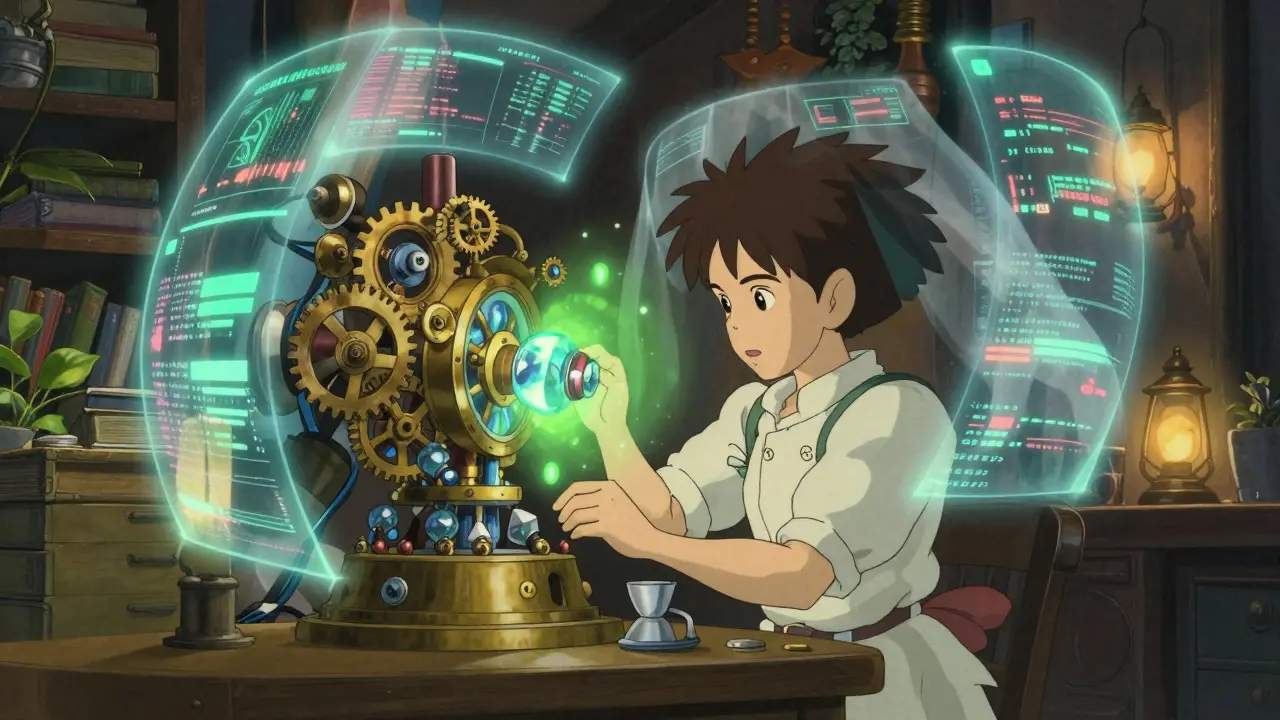 A Ghibli-style workshop where an inventor works on a glowing device emitting partial data lights.
