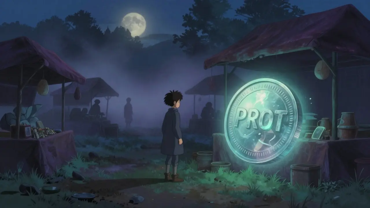 A lonely trader in a foggy market holding a fading, glowing PROT coin.