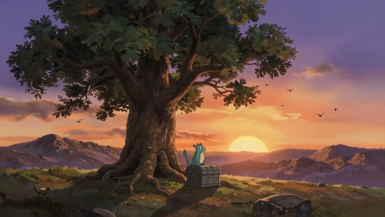 A sunrise over mountains with a guardian creature protecting a stone box, symbolizing safety and recovery in Ghibli style.
