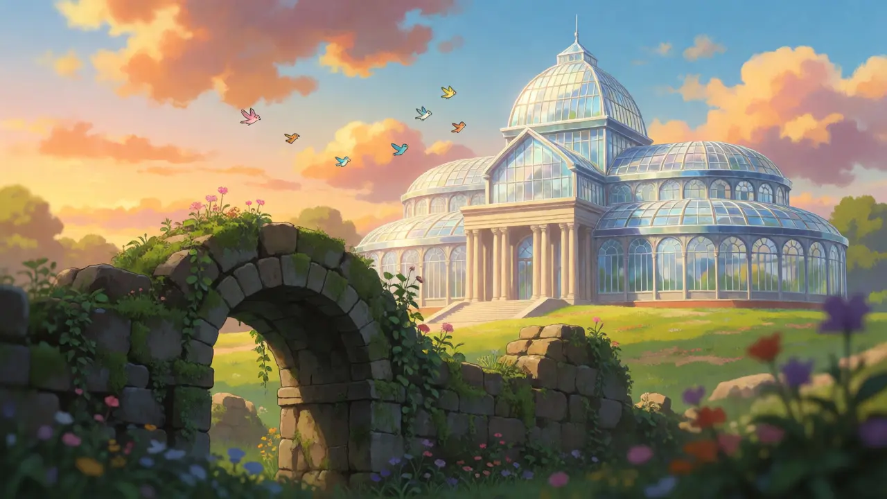 Abandoned stone ruins in foreground with a majestic crystal palace in the distance, Studio Ghibli style.