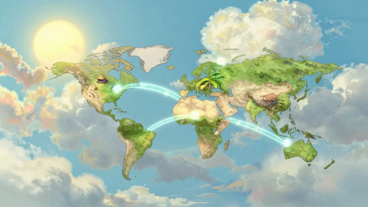 Abstract illustration of global connections represented by light bridges over a map