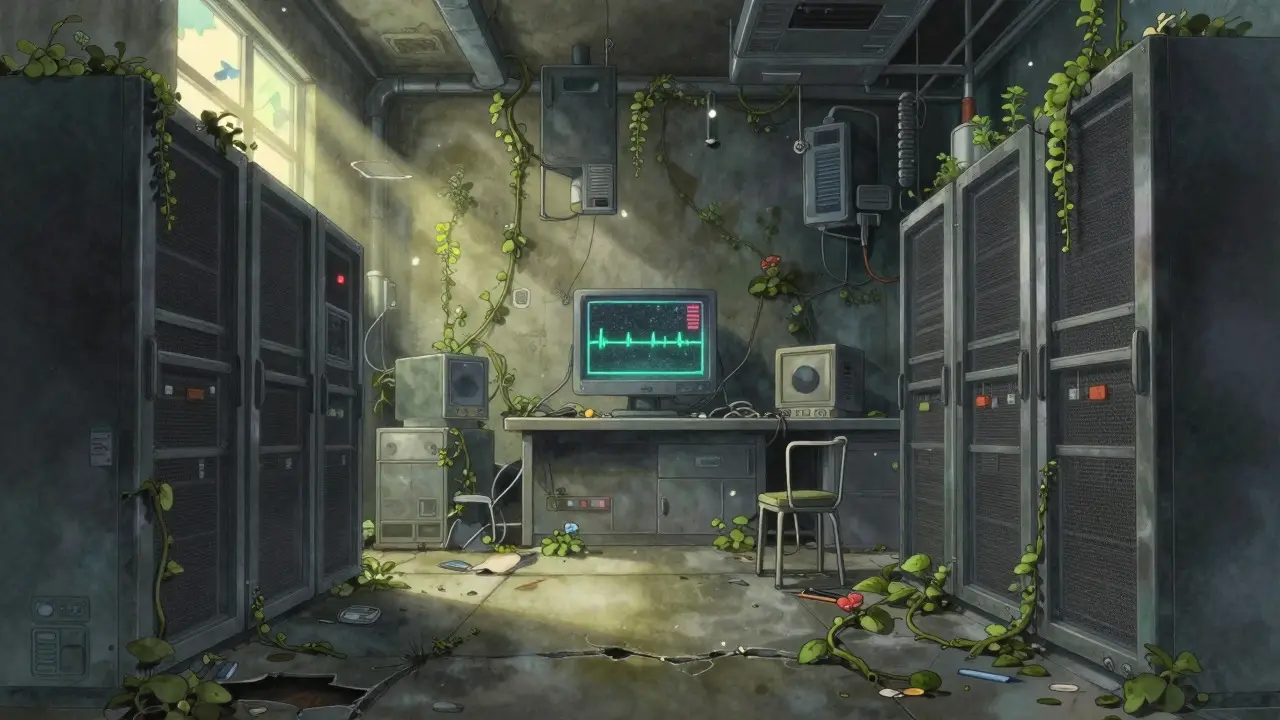 An abandoned tech lab reclaimed by nature, with a flickering screen showing a flatline.