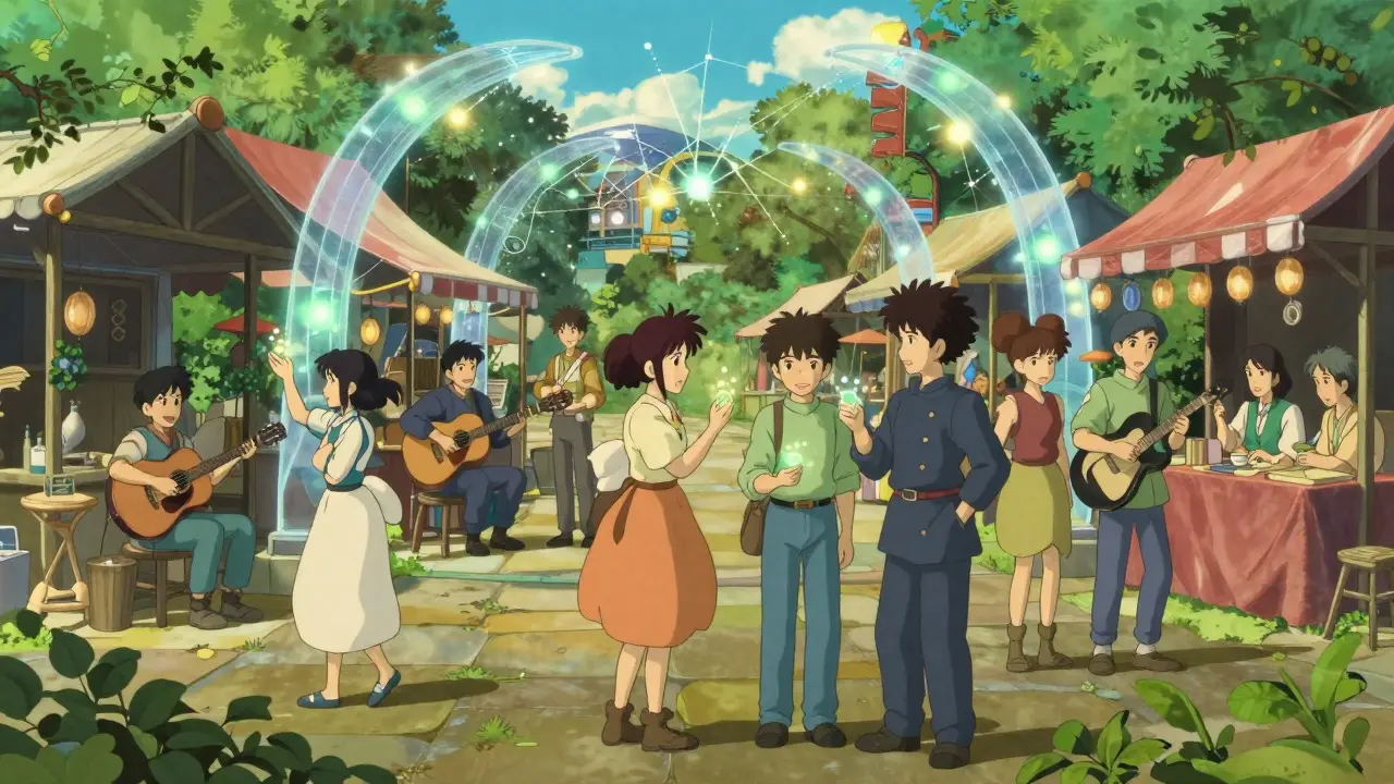 Anime characters in a vibrant plaza exchanging glowing tokens under light arches