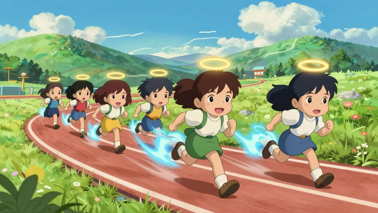 Anime girls racing on a track representing crypto prices in Ghibli style