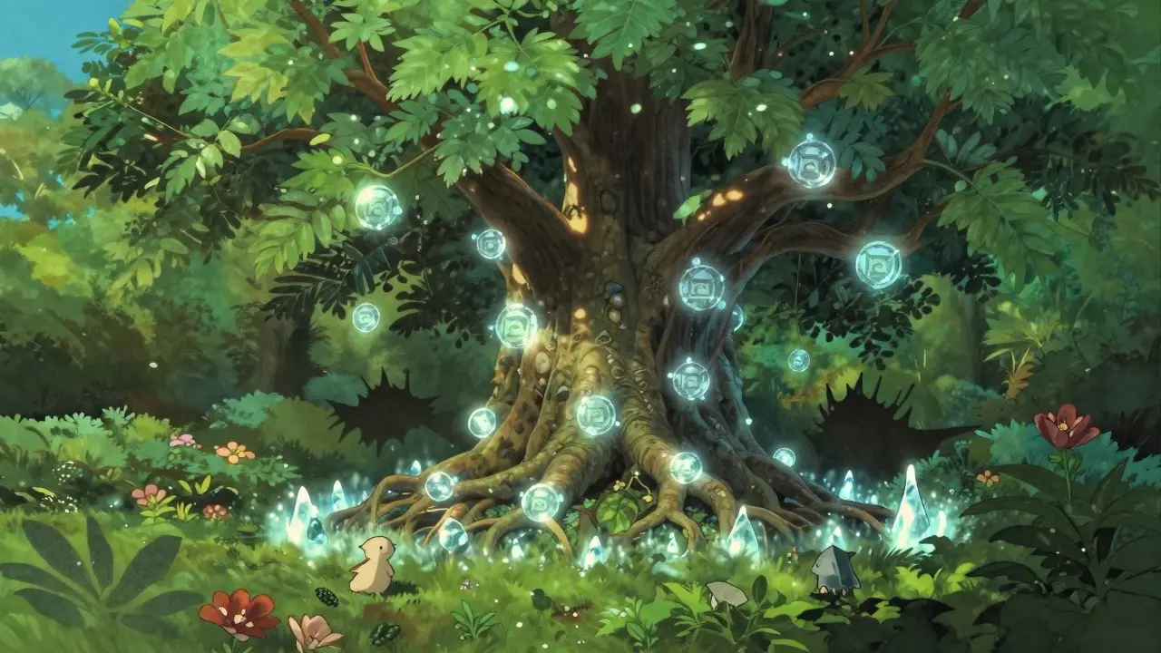 Anime-style tree with glowing roots symbolizing secure DeFi smart contracts