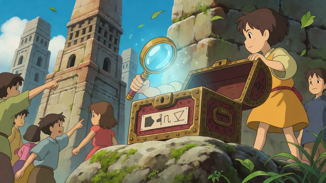 Character inspecting an empty treasure chest with a glowing magnifying glass