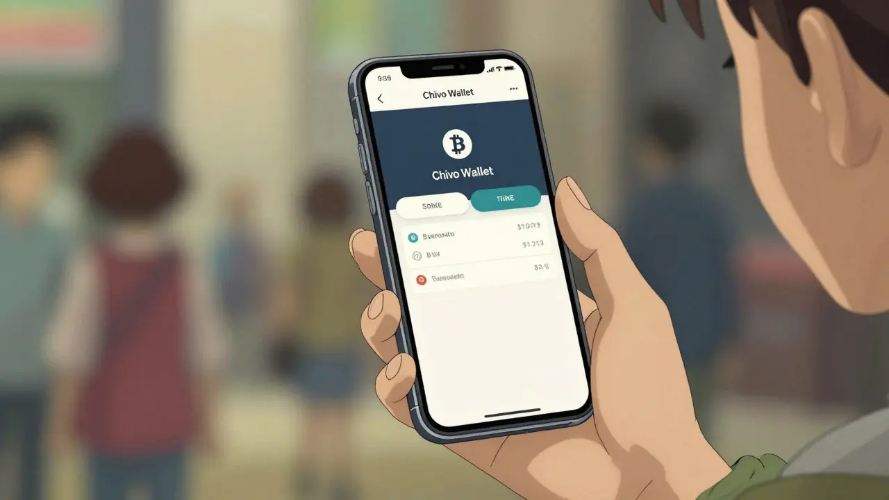 Close-up anime style shot of a woman confidently using the Chivo Wallet app on her smartphone, displaying both USD and Bitcoin balances in a clean interface.