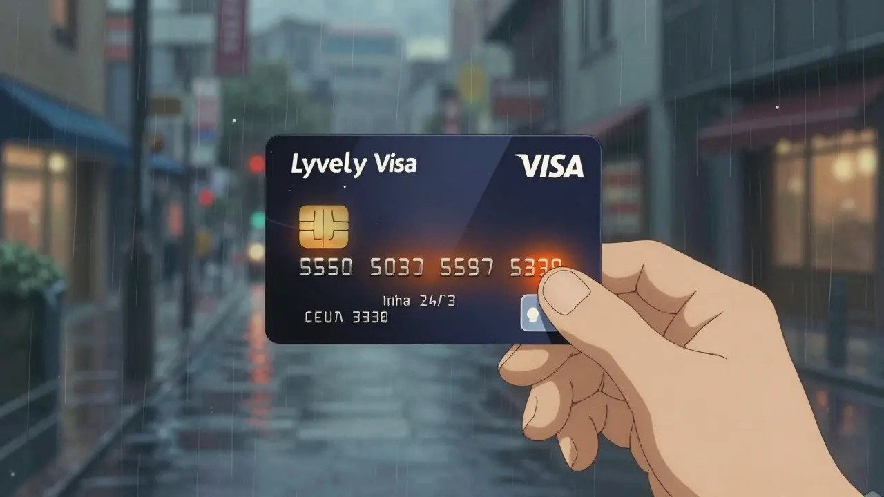 Close-up of a hand holding a glowing debit card in a rainy Ghibli-style city