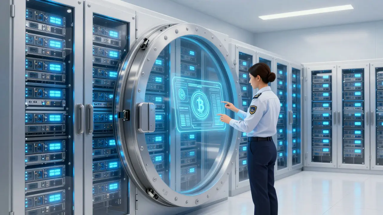 Compliance officer inspecting secure cold storage servers in a vault