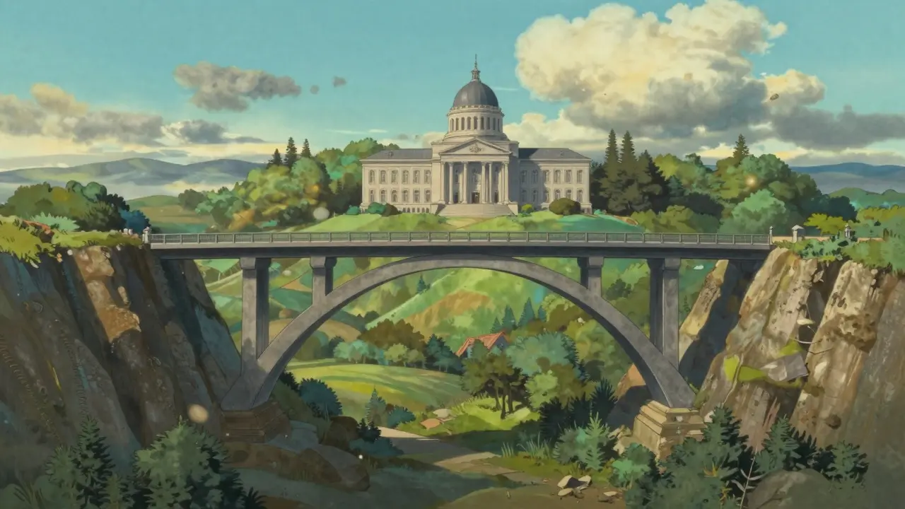 Conceptual Studio Ghibli artwork depicting economic stability and IMF agreement through a serene landscape with a sturdy bridge and peaceful government buildings.