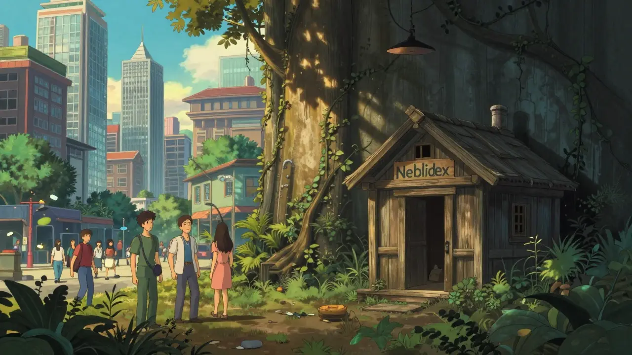Contrast between vibrant safe crypto city and isolated dark shack