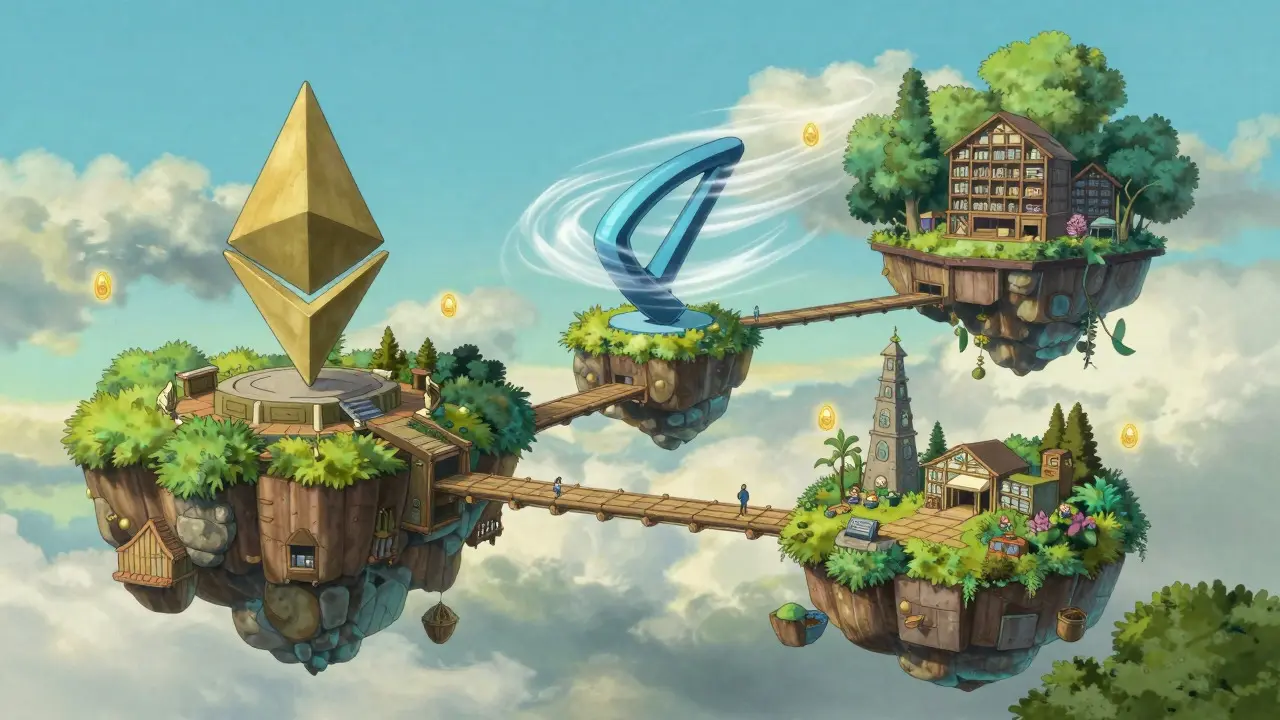 Floating islands connected by bridges under a bright blue sky