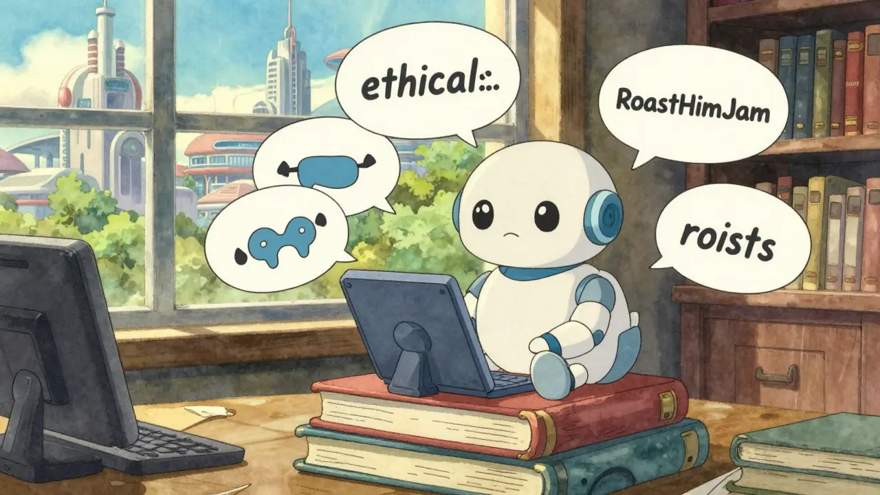 Friendly AI robot generating abstract speech bubbles in a sunlit studio Ghibli library