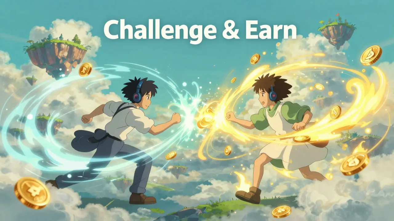 Gamers dueling with glowing GAU tokens emerging in a dreamlike landscape