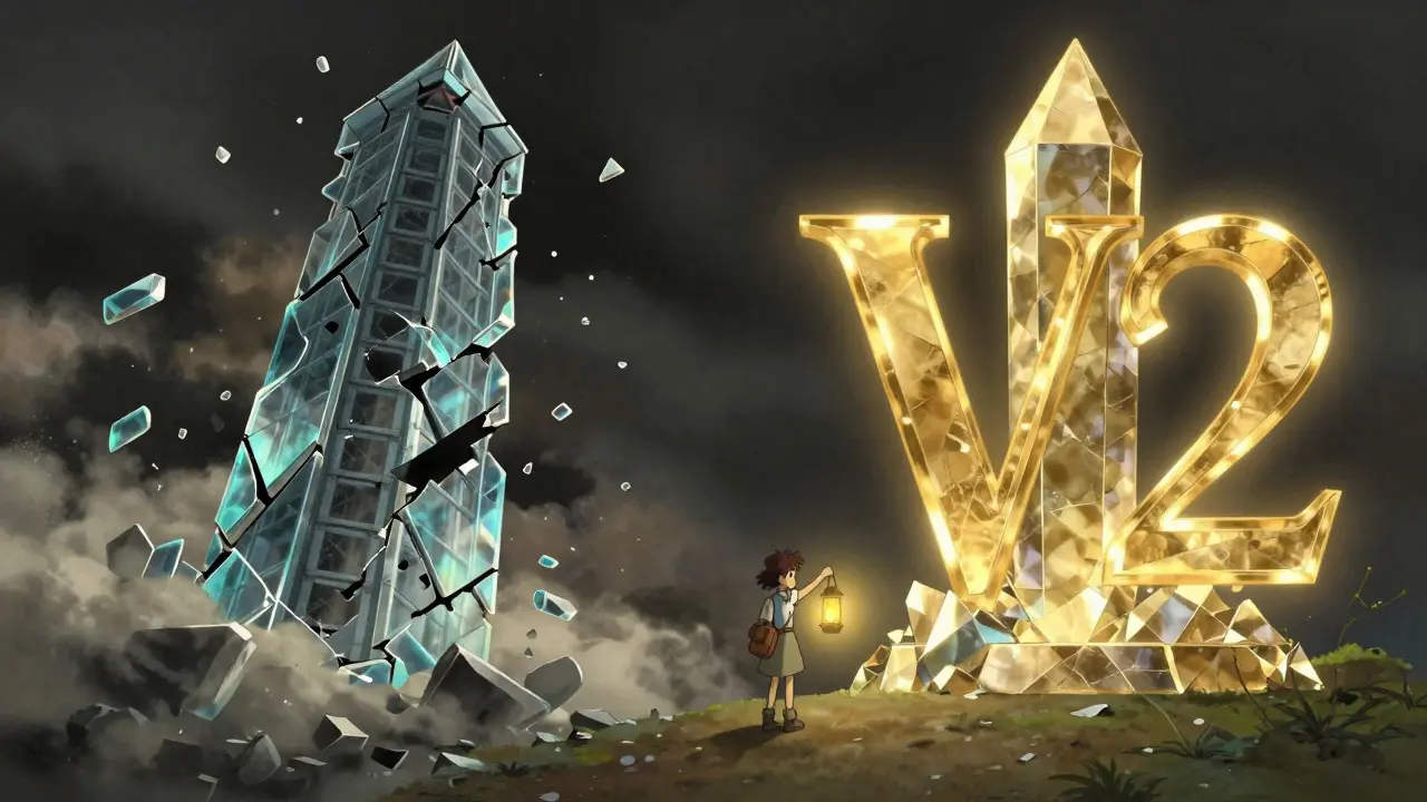 Ghibli-style art contrasting a crumbling tower with a stable crystal structure