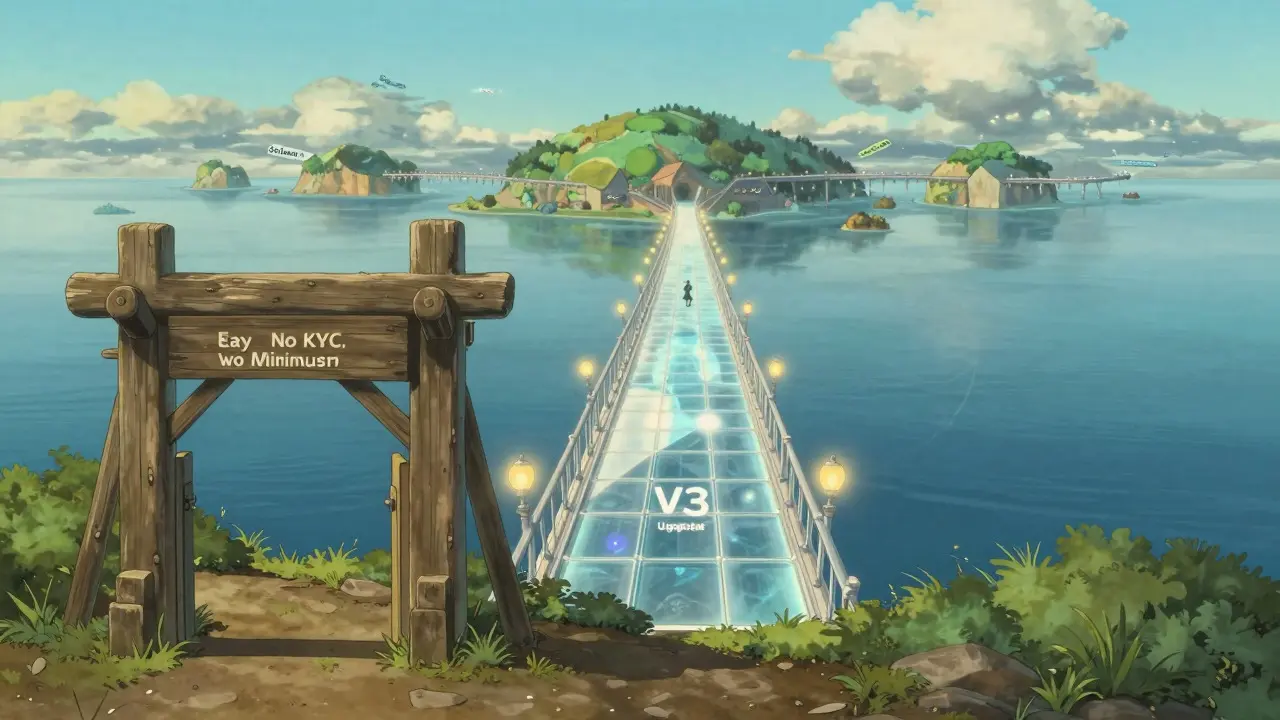 Ghibli-style bridge representing the journey from basic swapping to advanced DeFi