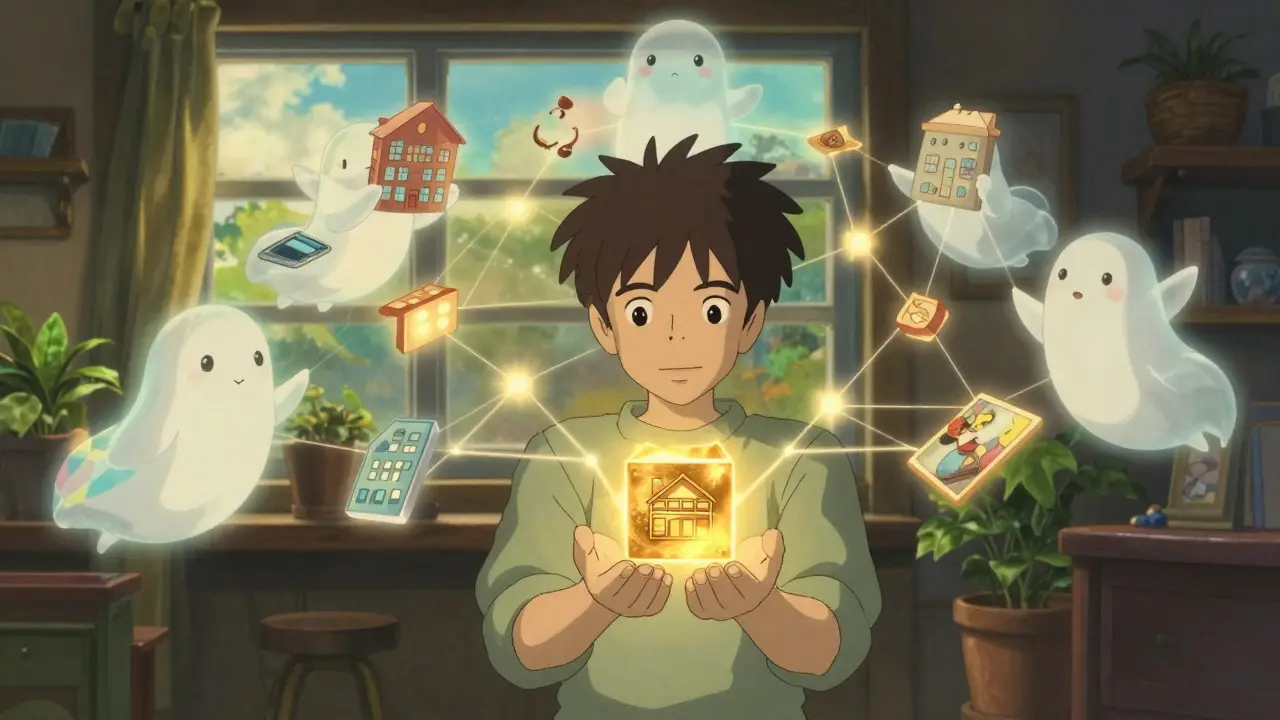 Ghibli-style character holding a glowing tokenized asset surrounded by spirits.