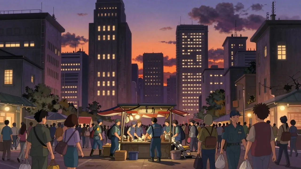 Ghibli-style city scene with tall buildings looming over a crowd as a market stall is removed.