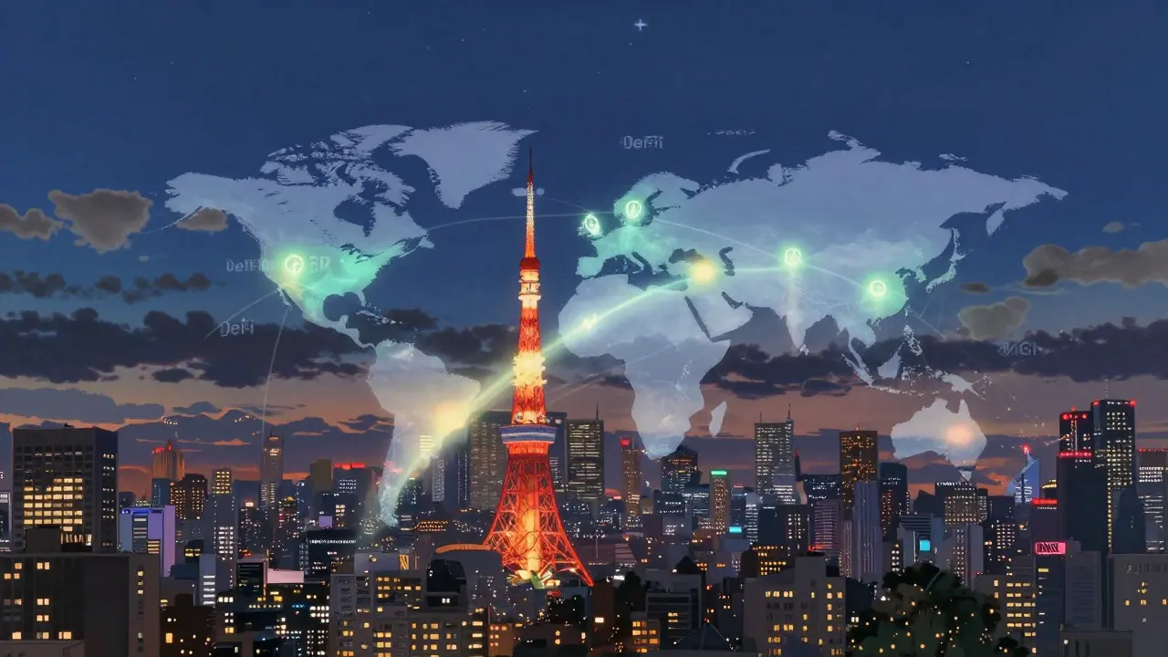 Ghibli-style cityscape with pulsing lights showing instant global payments.