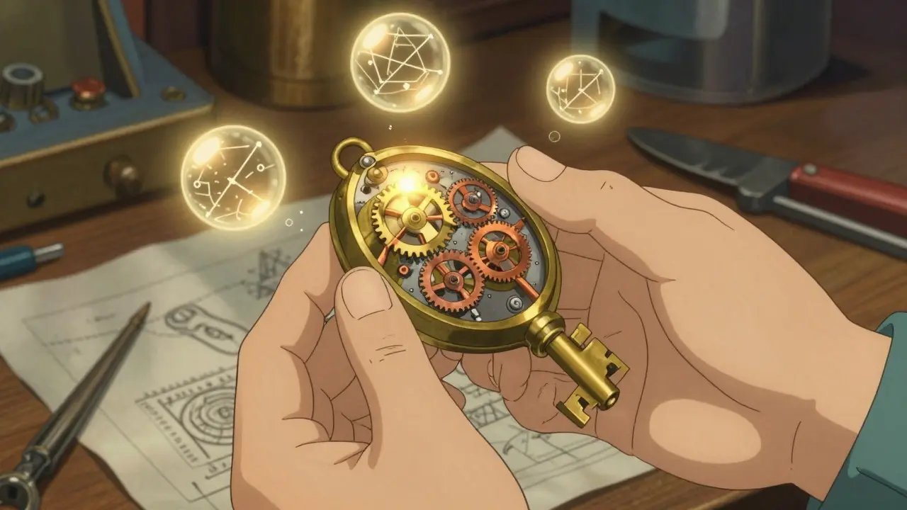 Ghibli-style close-up of hands holding a mechanical device surrounded by floating orbs of cryptographic patterns
