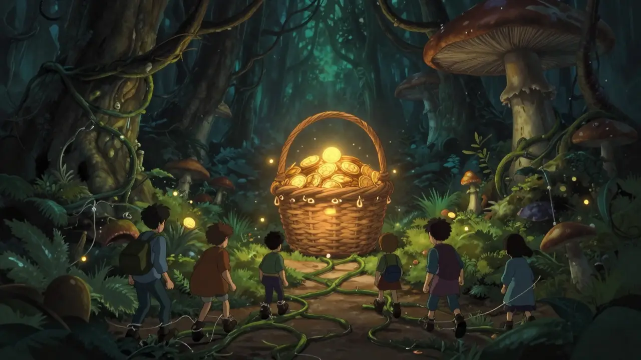 Ghibli-style depiction of travelers trapped by vines on a path leading to a glowing basket of gold tokens in a dark forest.