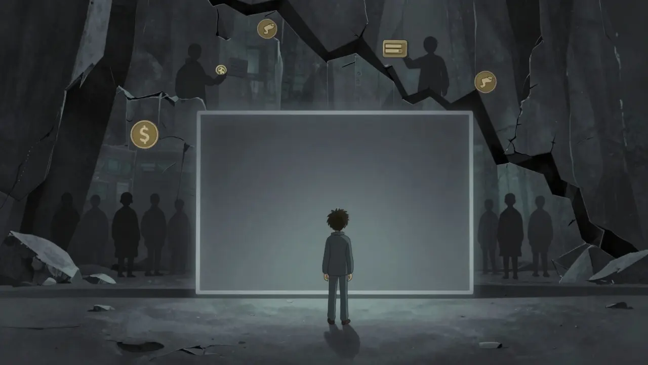 Ghibli-style figure facing a blank digital portal amid shadows