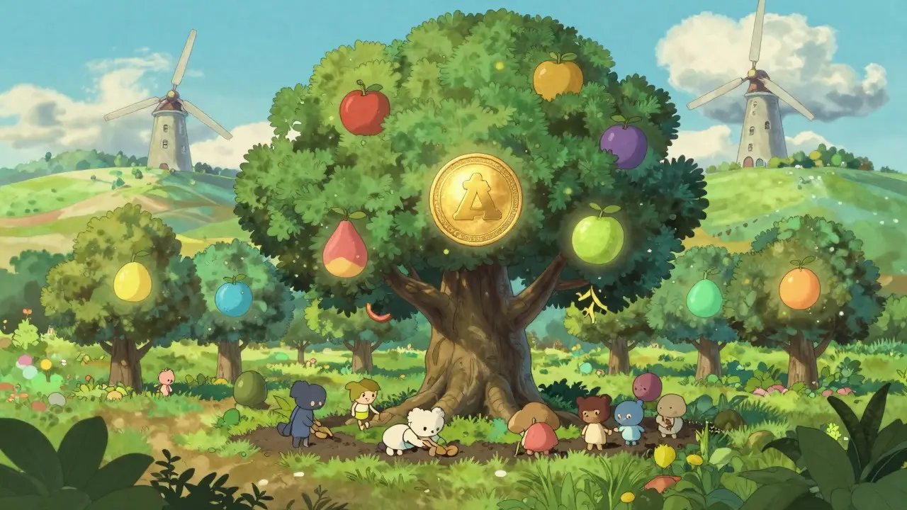 Ghibli-style garden with glowing crypto fruits and tending creatures under a windmill